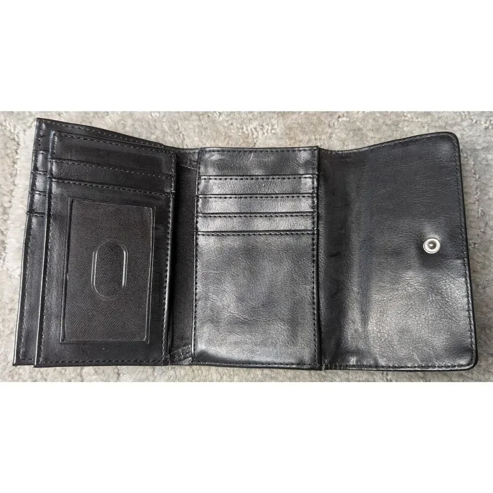 Wilsons Black Leather Trifold Wallet WOMENS SMALL buckle white stitch minimalist